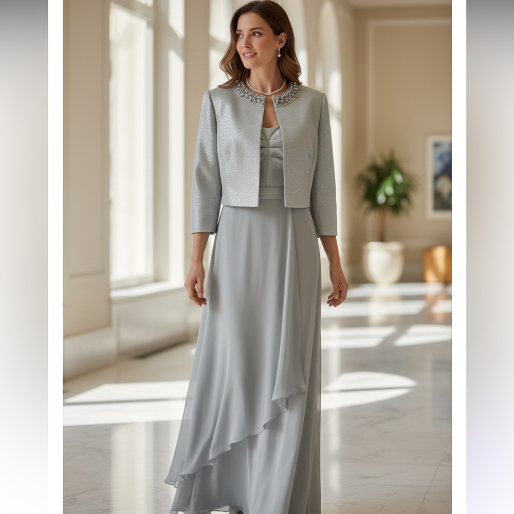 TAHARI CHIFFON GOWN WITH JACKET SIZE 8 METALLIC JACQUARD ARTHUR LEVINE MINT. - Picture 1 of 15